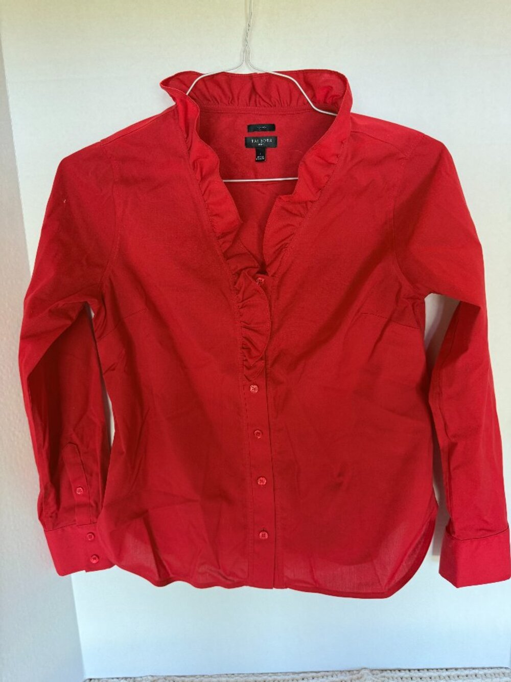 Talbots Women's Red Ruffle collar button down shirt A-028